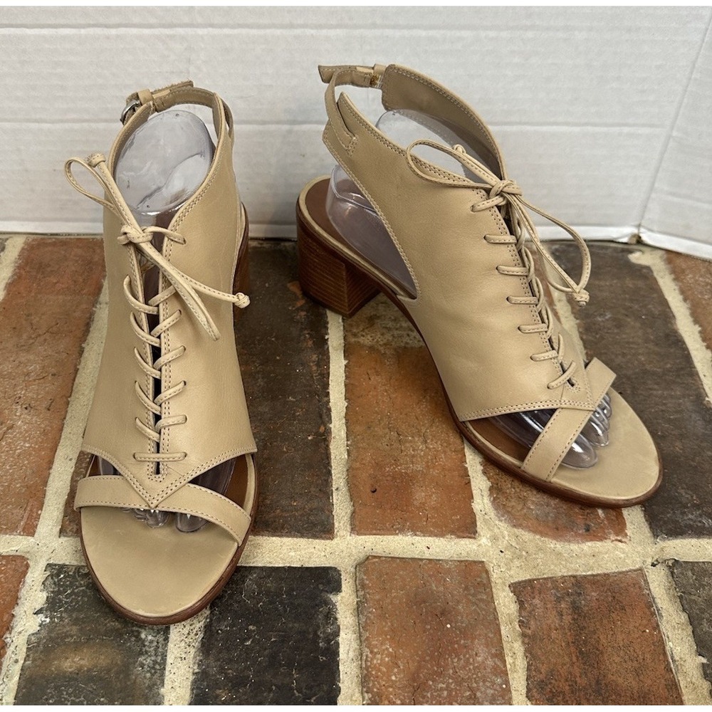 Bernardo Tan / Beige Leather Bootie Sandals Corset Lace Up Peep Toe Ankle Sz 10